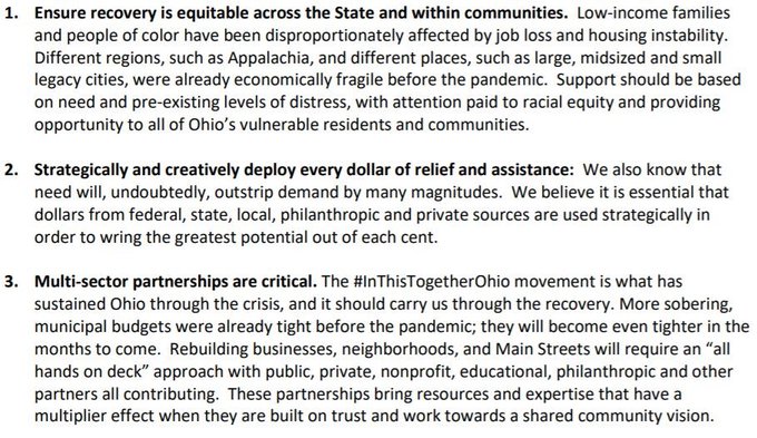 The coalition’s recommendations are based on three guiding principles: ensuring recovery is equitable across the state + w/in communities; strategically & creatively deploying every dollar of relief & assistance; &, recognizing multi-sector partnerships are critical.