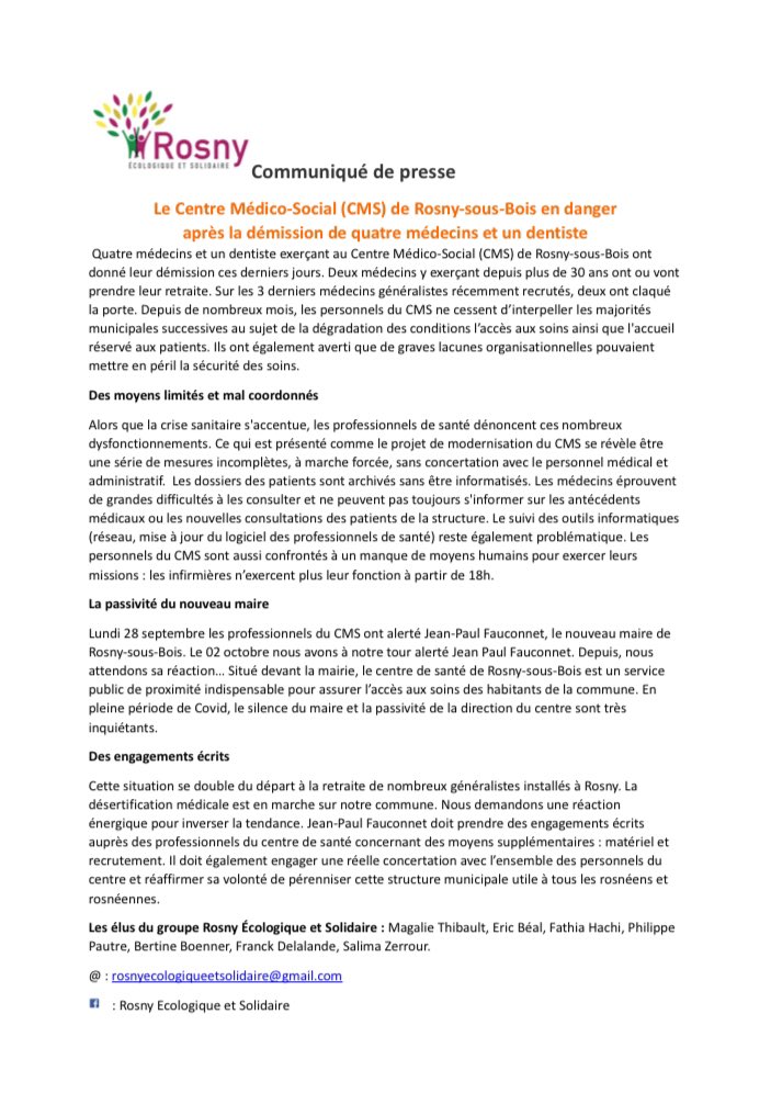 RES_2020's tweet photo. 👨🏽‍⚕️🧑‍⚕️🩺La désertification médicale est en marche à #RosnysousBois. Mobilisons nous et soutenons notre CMS ⬇️ https://t.co/US1gtjKcYK