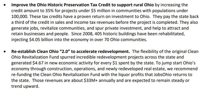 Additionally, to invest in Ohio’s Main Streets and downtowns, communities will need programs such as the Ohio State Historic Tax Credit and the Clean Ohio Revitalization Fund. Cc:  @HeritageOhio  @ECDIOH  @FinanceFund  @GreaterOhio  @CLEProgress