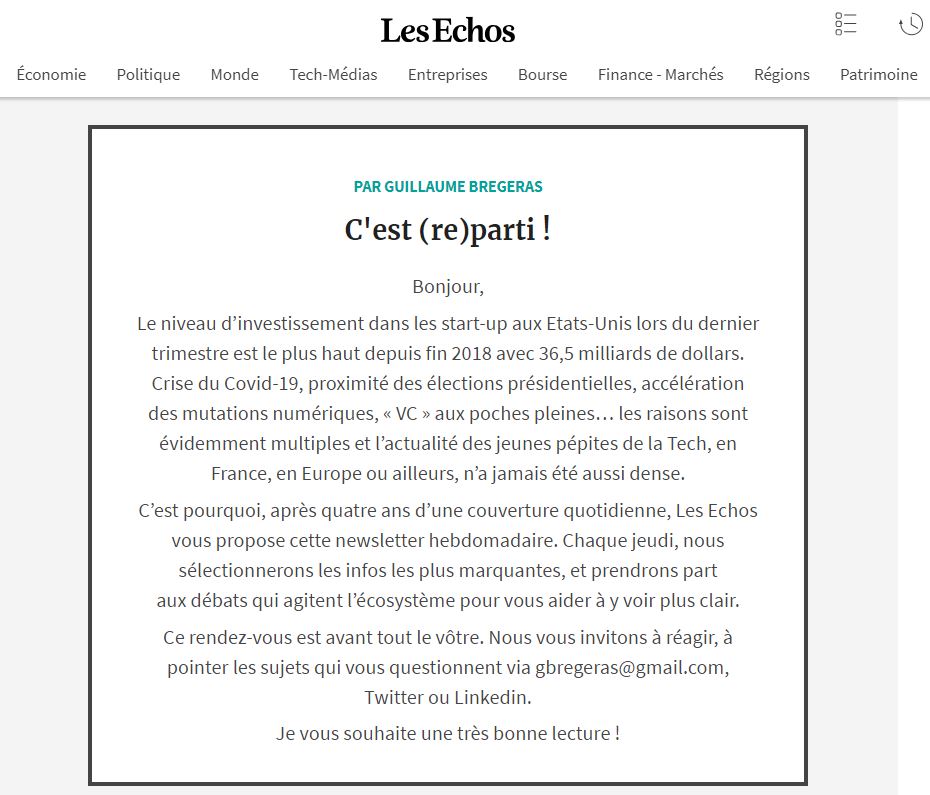 Ravi de pouvoir vous annoncer le lancement de la newsletter startup des Echos. Après 4 ans de couverture médiatique, nous espérons que ce nouveau RDV du jeudi comptera parmi les vôtres. A très vite et merci mille fois de nous suivre...
lesechos.fr/newsletters/st…