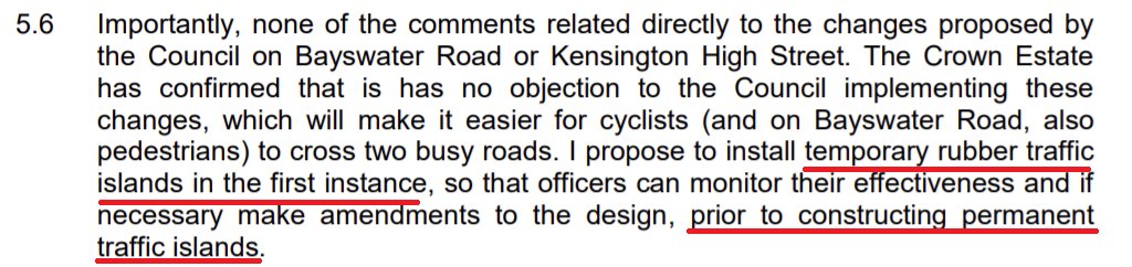 So what of the islands which are not refuges? Well, the report mentions these too. The ED is written by the council's Director for Transport & Highways who says that he would put in temporary rubber *traffic islands* so they can be monitored before putting in 14/n