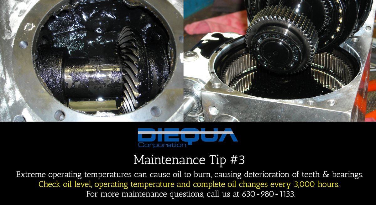 diequa's tweet photo. Extreme operating temperatures can cause oil to burn, causing deterioration of teeth and bearings. To prevent this, check the oil level, operating temperature and change the oil every 3,000 hours. https://t.co/rzQXjwYODh