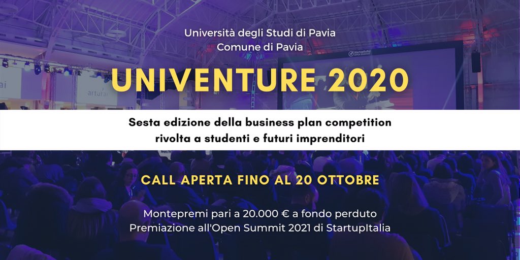 Torna l'appuntamento con Univenture 2020, la call organizzata da Università di Pavia e Comune di Pavia. Un’occasione unica di trasformare idee di business in prodotti e servizi validati dal mercato. La call è aperta fino al 20 ottobre Registrazioni al link unipv.it/univenture