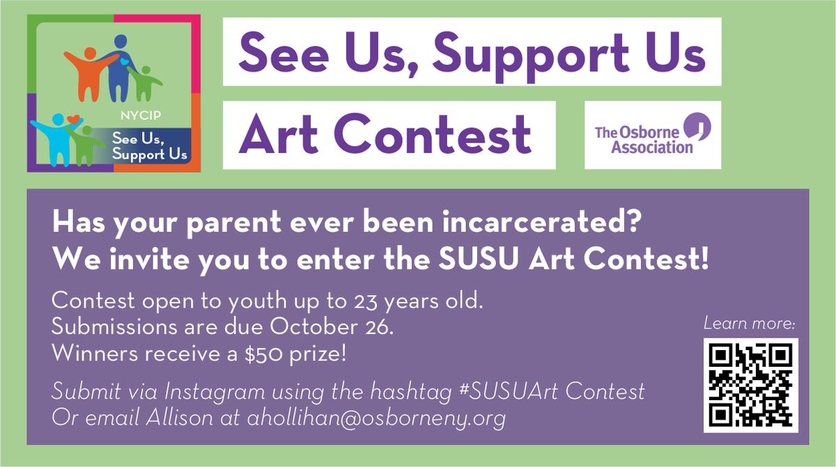 OsborneNY's tweet photo. Have you ever had an incarcerated parent? Are you 23 years old or younger? Enter the Youth #SUSUArtContest by October 26. Select entries can be seen at https://t.co/hU6mwUDXJd. Learn more at https://t.co/Bmsni2hxOa. Winners will receive a gift card! #SeeUsSupportUs #CelebrateUs https://t.co/1Da2GsDL7C