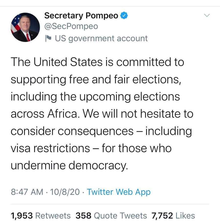 AmarakamM's tweet photo. Commit first to free and fair elections and a peaceful transition of power on November 3, 2020 in America before talking about Africa - We are good. 

Confront your Boss - Pure hypocrisy!!! https://t.co/sjcyAXHF2u