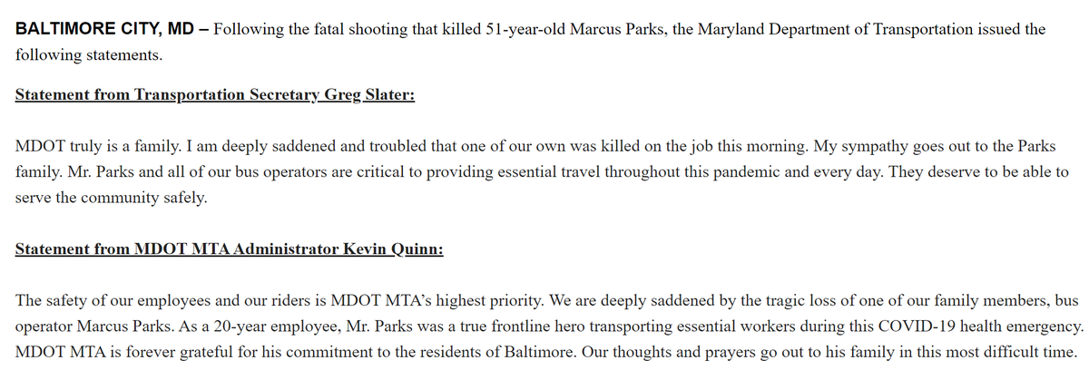 riccimike's tweet image. One of our @mtamaryland bus operators was shot and killed this morning in Baltimore City. A 20-year employee of MTA. Just awful.

Statements from state transportation leaders: