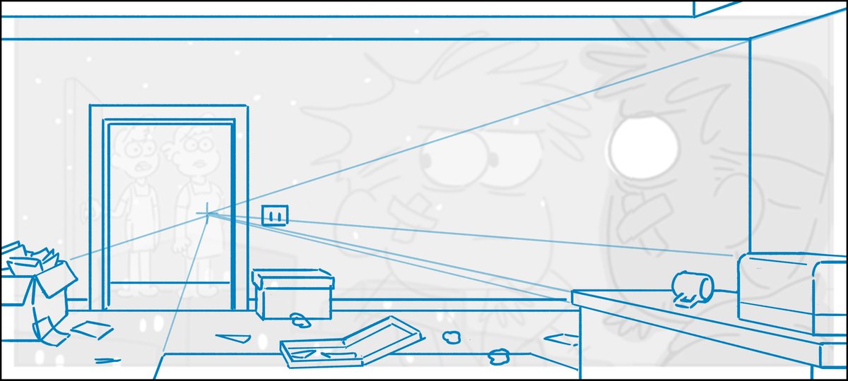 First I define the room because, again, that space is more important to the characters.I've drawn this office space for other shots so it needs to hook up with that, including the mess on the floor.Remember, this is a reflection so I take care to draw it all mirrored.