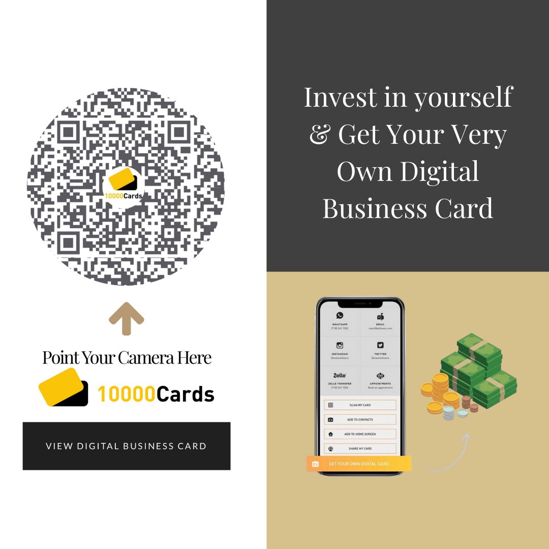 NOW is the time to invest in yourself &amp; get your very own digital business card! In doing so, you'll also have an opportunity to earn 20% of any referral, when someone purchases a card through your link! ⠀
⠀
Order your card here! shop10000cards.com