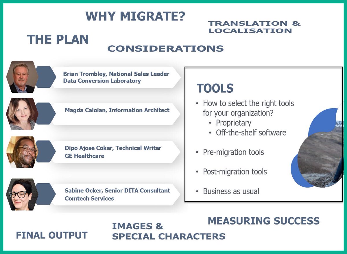 thinkDITA's tweet image. The DITA conversation live in Europe: Here are a few points we addressed on the #XMLDITA opening panel at #DCLDITADAY with Sabine Ocker, Dipo Coker, and Brian Trombley today: Why migrate? Planning. Roles. Tools selection. Translation. Media. Metrics. #techcomm