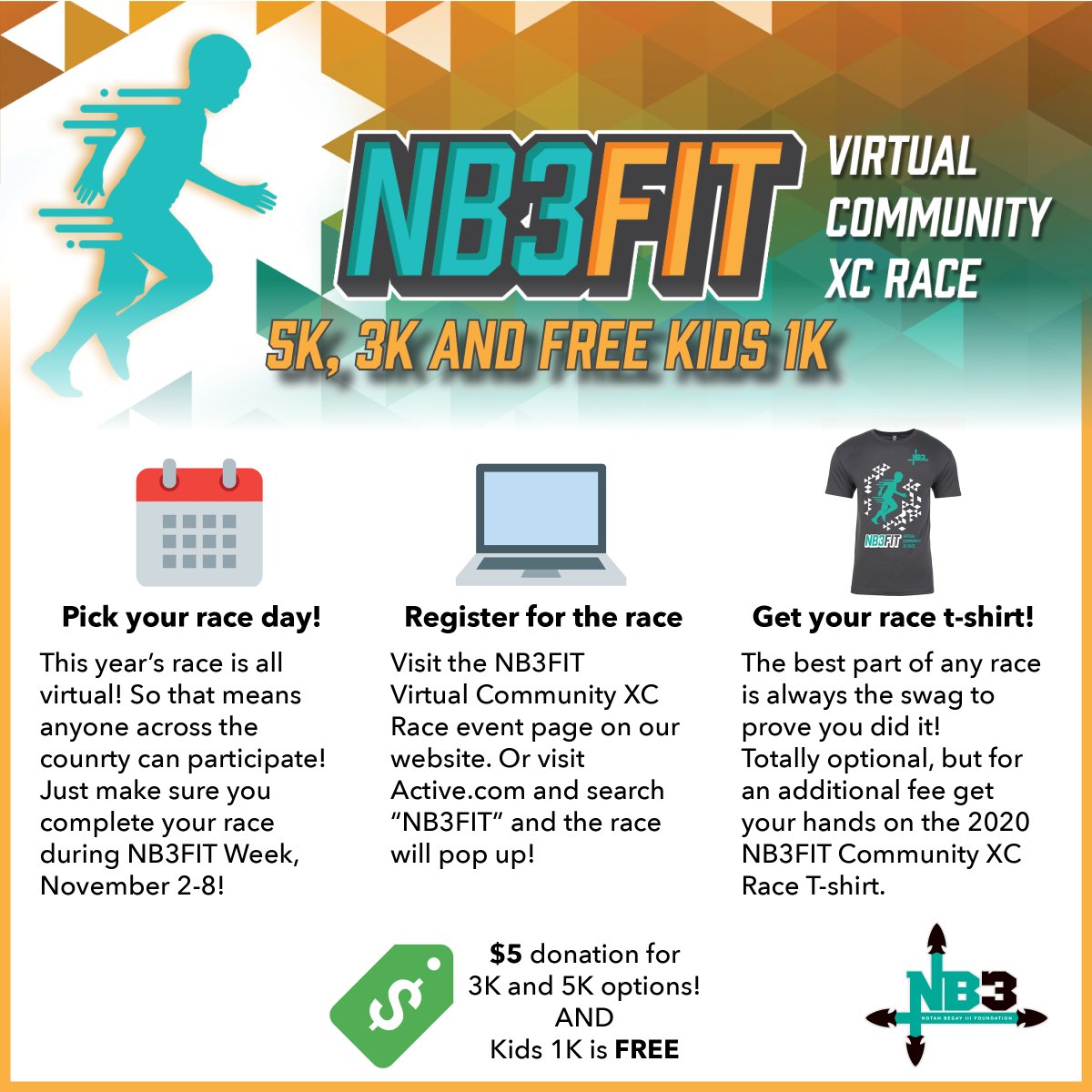 NB3Foundation's tweet photo. Registration for the 2020 NB3FIT Community XC Race is OPEN!
In an effort to keep our youth and communities safe, we will be hosting our 2020 NB3FIT Community XC Race VIRTUALLY!
Register today!✍️
https://t.co/ZlXOrikA2j
#NB3F #NB3FIT #NB3FITXCRace #NB3FITWeek https://t.co/ksxc6ucNgW