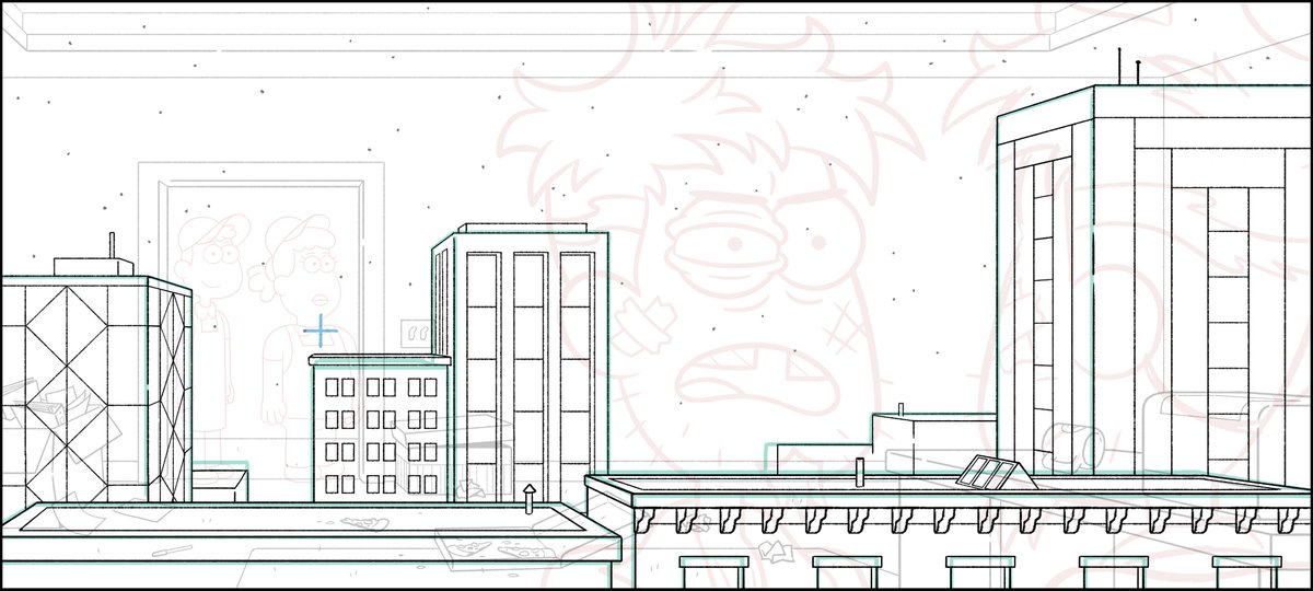 Next I clean up the cityscape layer.The building styles are taken from the existing backgrounds of the window view.Everything adheres to that same vanishing point.