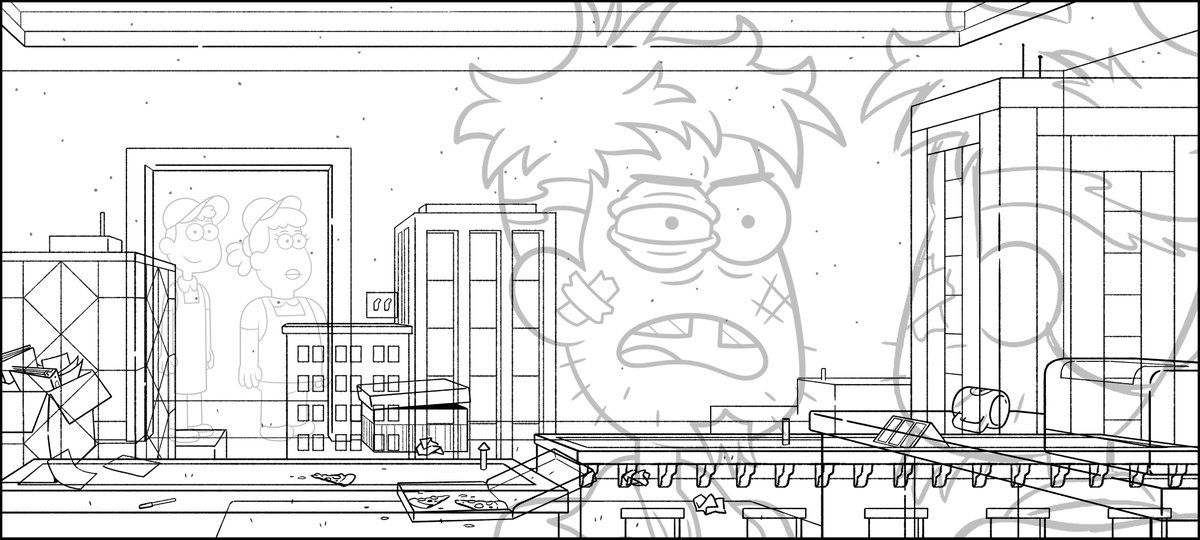 Finally, here are the complete background and character layers laid out together.You can see how the one point perspective pulls the scene together.Some of it gets really busy and complex where it overlaps but it will become more clear in color.