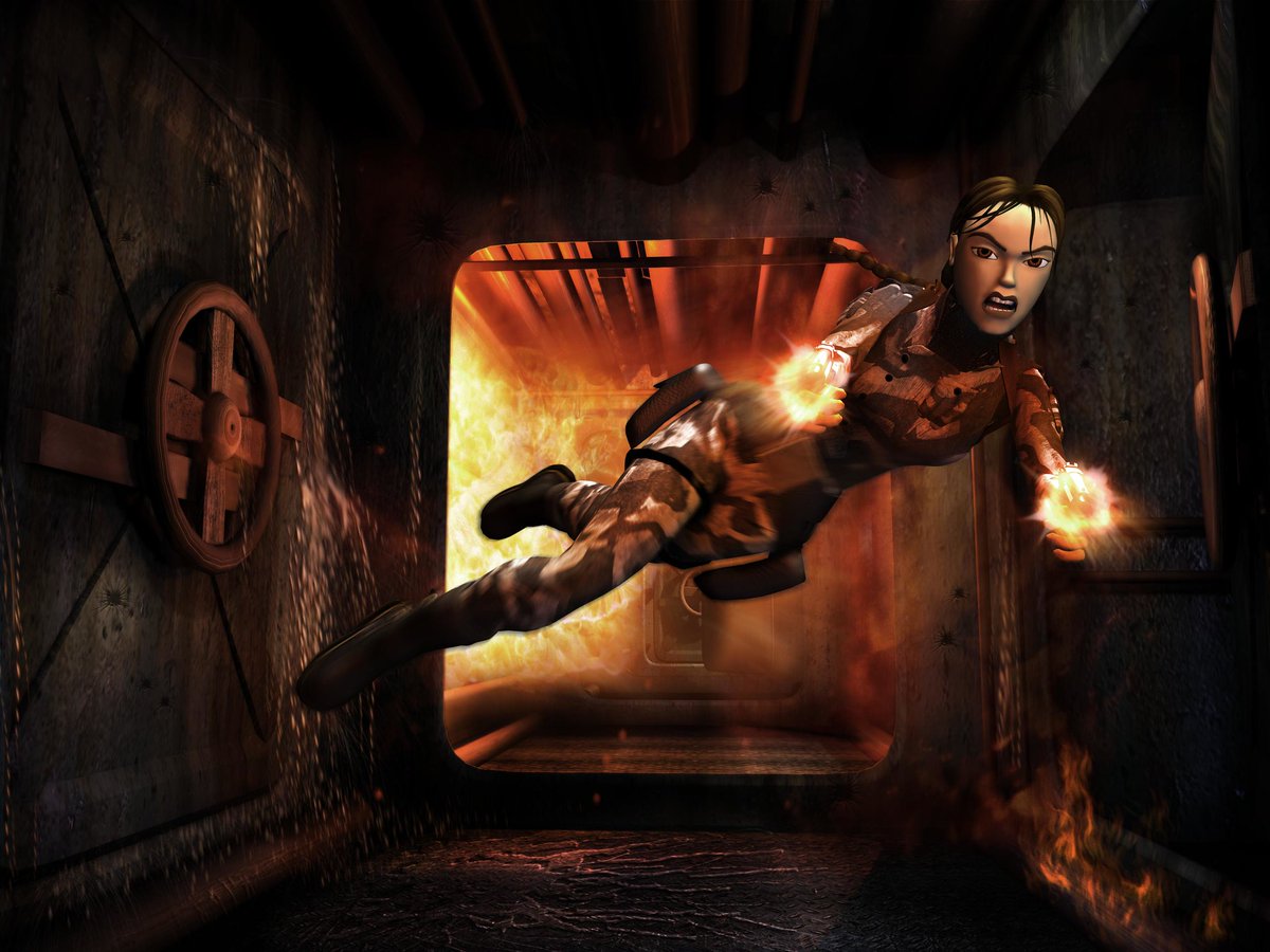 A render of Lara Croft from Tomb Raider: Chronicles. She is wearing a gray camo suit and dashing mid air with both pistols drawn and firing ahead of her. The hallway behind her is in flames.