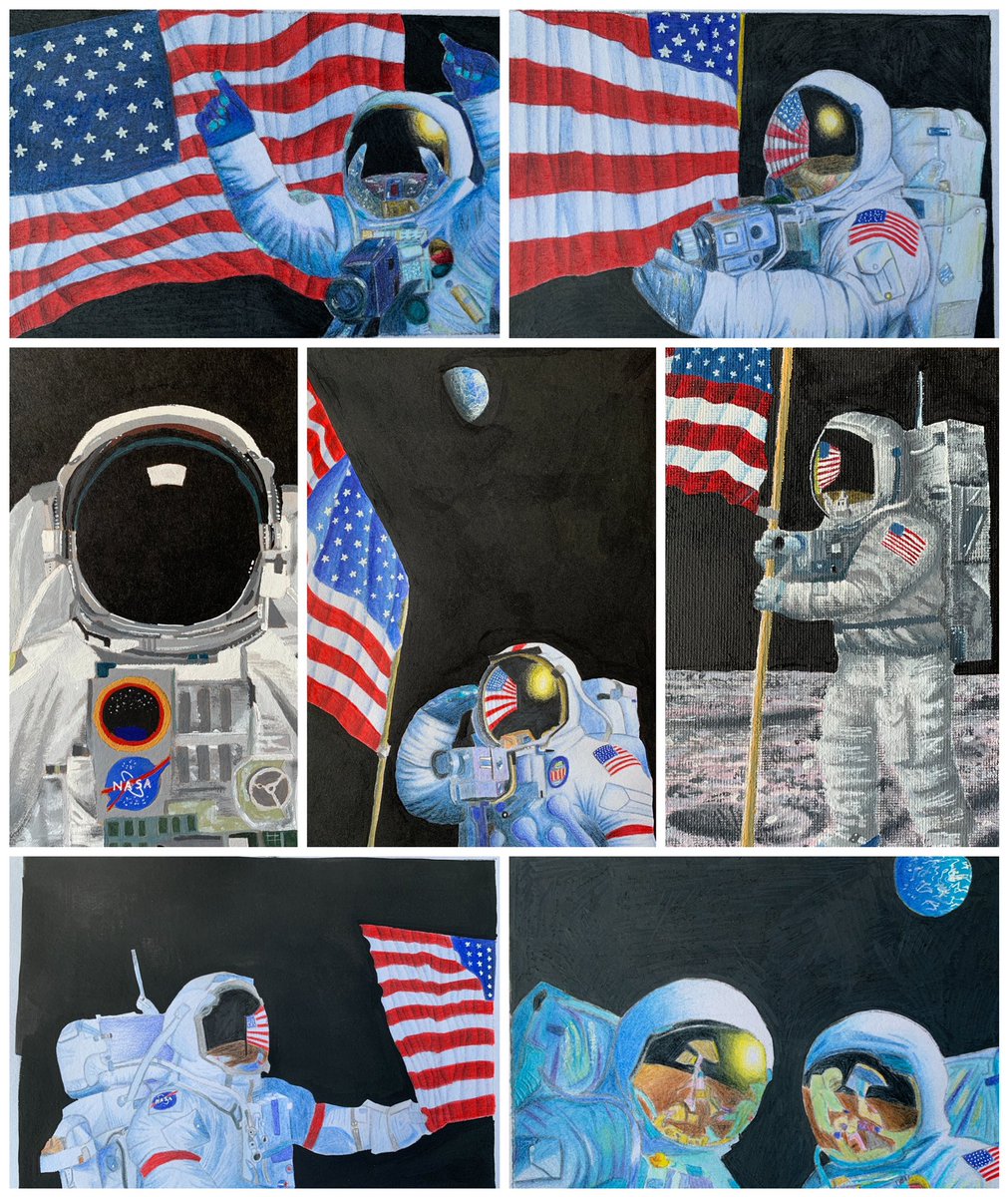 LouiseClazey's tweet image. Stunning work by one of our sixth form artists,inspired by the theme of space &amp;amp; the moon landings. The coloured pencils studies are beautiful and it was a huge wow moment when the student pulled them out of her bag to show me 🙂#WorldSpaceWeek @NASASTEM #WorldSpaceWeek2020 @NASA