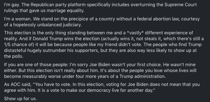i had one of the worst, messiest, most public fights of my life this year with a close friend who told me he wasn't going to vote. i've never stopped thinking about what i wish i'd said, and today i said it. feel free to share with your bros.