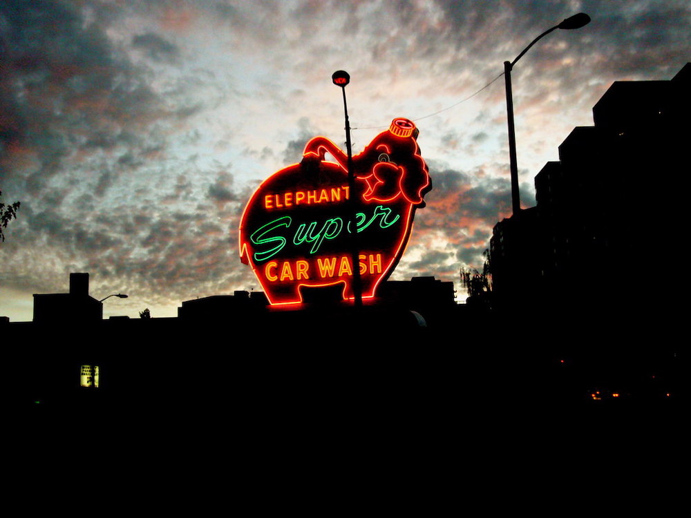 Over the years with the iconic Elephant Car Wash sign, Seattle.