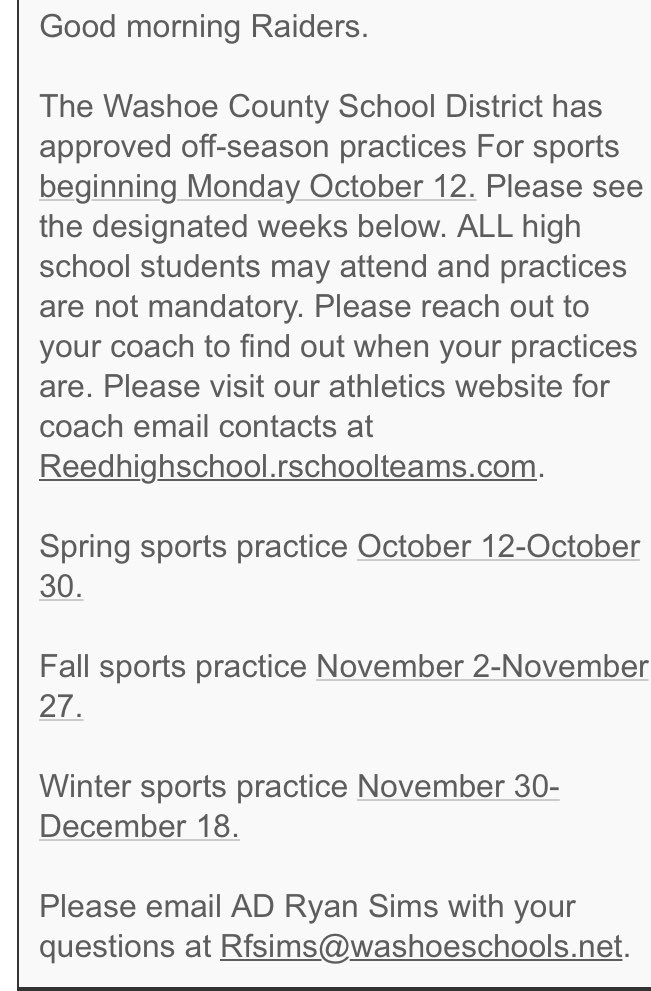 Reed HS Athletics (@reedhsathletics) on Twitter photo Off-season practices for sports begin Monday October 12. See below...<a href="/ReedRaiders/">raider nation! 💙💛</a> <a href="/softball_reed/">Reed Softball</a> <a href="/ReedHSBaseball/">Reed Raiders ⚾️</a> <a href="/reedraidersxc/">Reed Cross Country</a> <a href="/raider_track/">Raider Track & Field</a> <a href="/reedclassof2021/">Reed Class of 2021</a> <a href="/ReedClassOf2022/">Class Of 2022✨</a> <a href="/ReedClass2024/">Reed High’s class of 2024</a> @ReedClassof2023 Off-season practices for sports begin Monday October 12. See below...<a href="/ReedRaiders/">raider nation! 💙💛</a> <a href="/softball_reed/">Reed Softball</a> <a href="/ReedHSBaseball/">Reed Raiders ⚾️</a> <a href="/reedraidersxc/">Reed Cross Country</a> <a href="/raider_track/">Raider Track & Field</a> <a href="/reedclassof2021/">Reed Class of 2021</a> <a href="/ReedClassOf2022/">Class Of 2022✨</a> <a href="/ReedClass2024/">Reed High’s class of 2024</a> @ReedClassof2023
