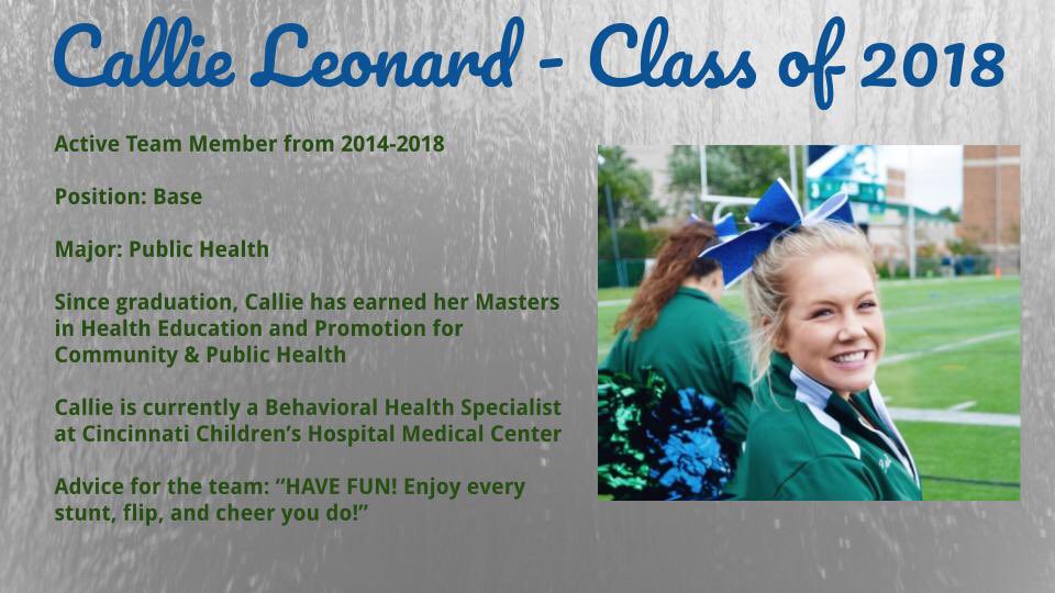 MercyhurstCheer's tweet photo. This weeks alumni is Callie Leonard, a 2018 graduate. Check out everything Callie has accomplished since leaving the gates! We are so proud! #lakerforlife https://t.co/fX4ms7KGC1