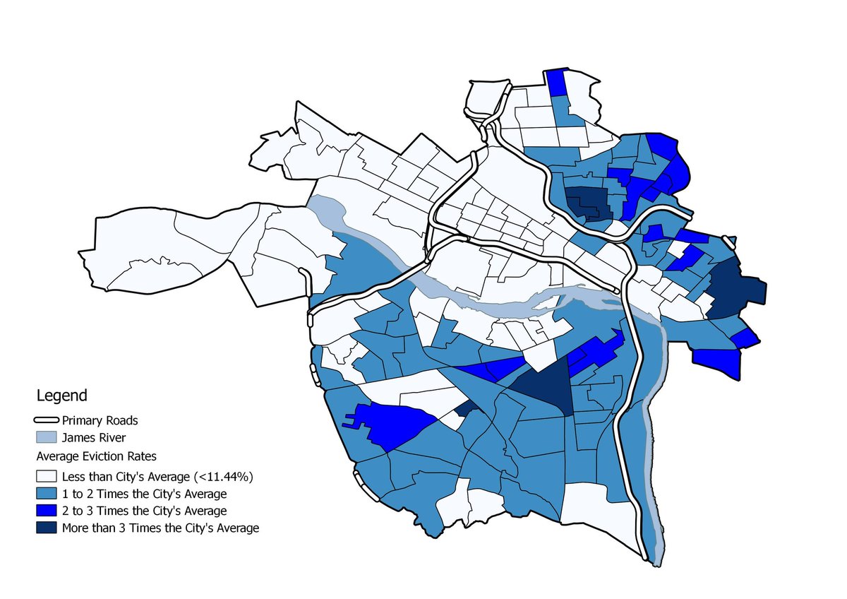 evictions are happening. They are primarily in Black neighborhoods. Race is more predictive of eviction rates than income. Here is a map of eviction rates in Richmond which devastatingly mirror the redlining map of the city. [3/x]