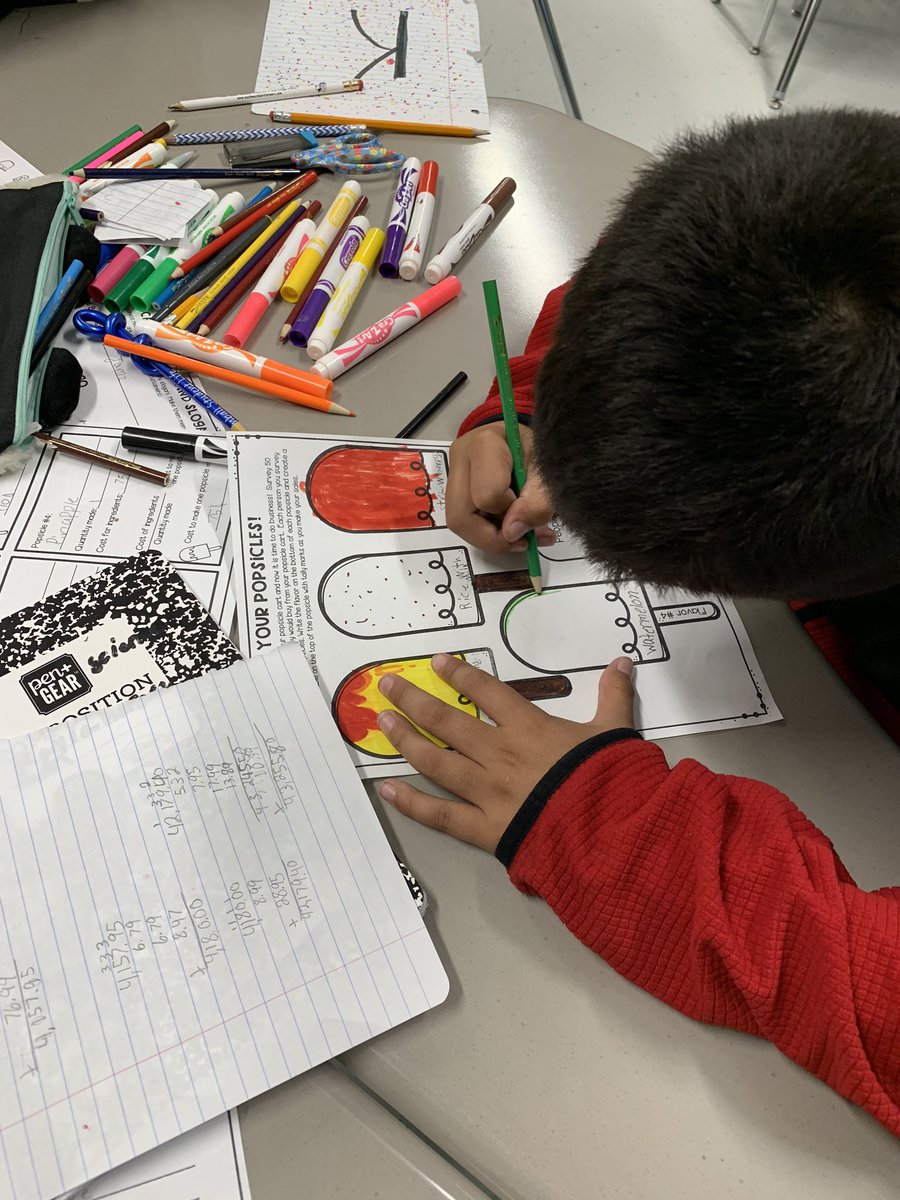 RachelReichert4's tweet photo. The students are hard at work creating their own popsicle business. 
This week we talked about adding and subtracting decimals and calculating profit. @CottonwoodCISD @ClevelandISDTX #just4kids https://t.co/FJUcdkxABx