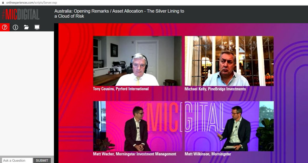 matt_frogs's tweet photo. Day 2 is underway and we are joined from all corners of the globe (Sydney/New York/London) for a great session on asset allocation - the silver lining to a cloud of risk! #MICAU #MICDigital https://t.co/j1y4LeWc5j