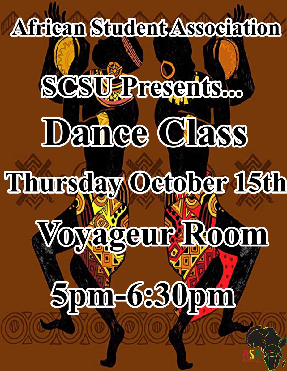 SCSU_ASA's tweet photo. Hey fam,
Next week Thursday we’re bringing in the heat🔥 with our first event! Grab your dancing shoes 👟and join us for our dance class 💃🏾. Space is limited and masks are required! https://t.co/ORFCeRMNr2