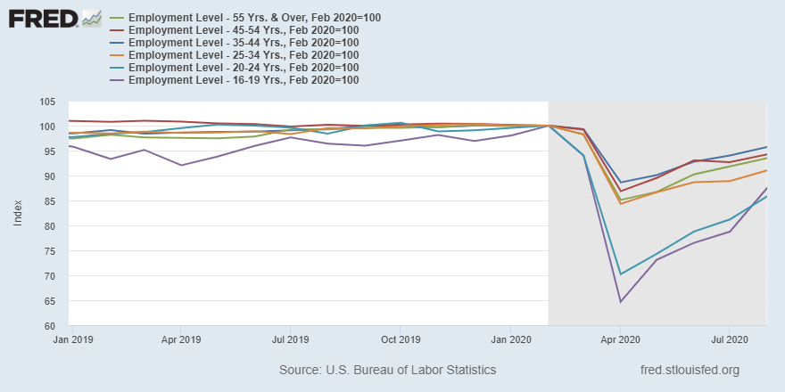 stlouisfed's tweet photo. The FRED Blog: From February to April, 35% of workers ages 16-19 and 30% of workers ages 20-24 lost their jobs, while older age groups saw fewer job losses https://t.co/cPfRQLs5gS https://t.co/JeHY21n5IT