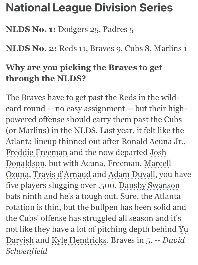 ESPN: Were not the WCS favorite among the staff, but the staff did mostly agree that the winner of the Braves-Reds would win the NLDS so at least there’s that