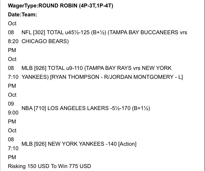 Saint_Pick's tweet photo. If you don’t know how a round robin works, tonight is a good night to learn  #roundrobin #bet #under #Yankees  #Lakers https://t.co/4hP6snV0rt