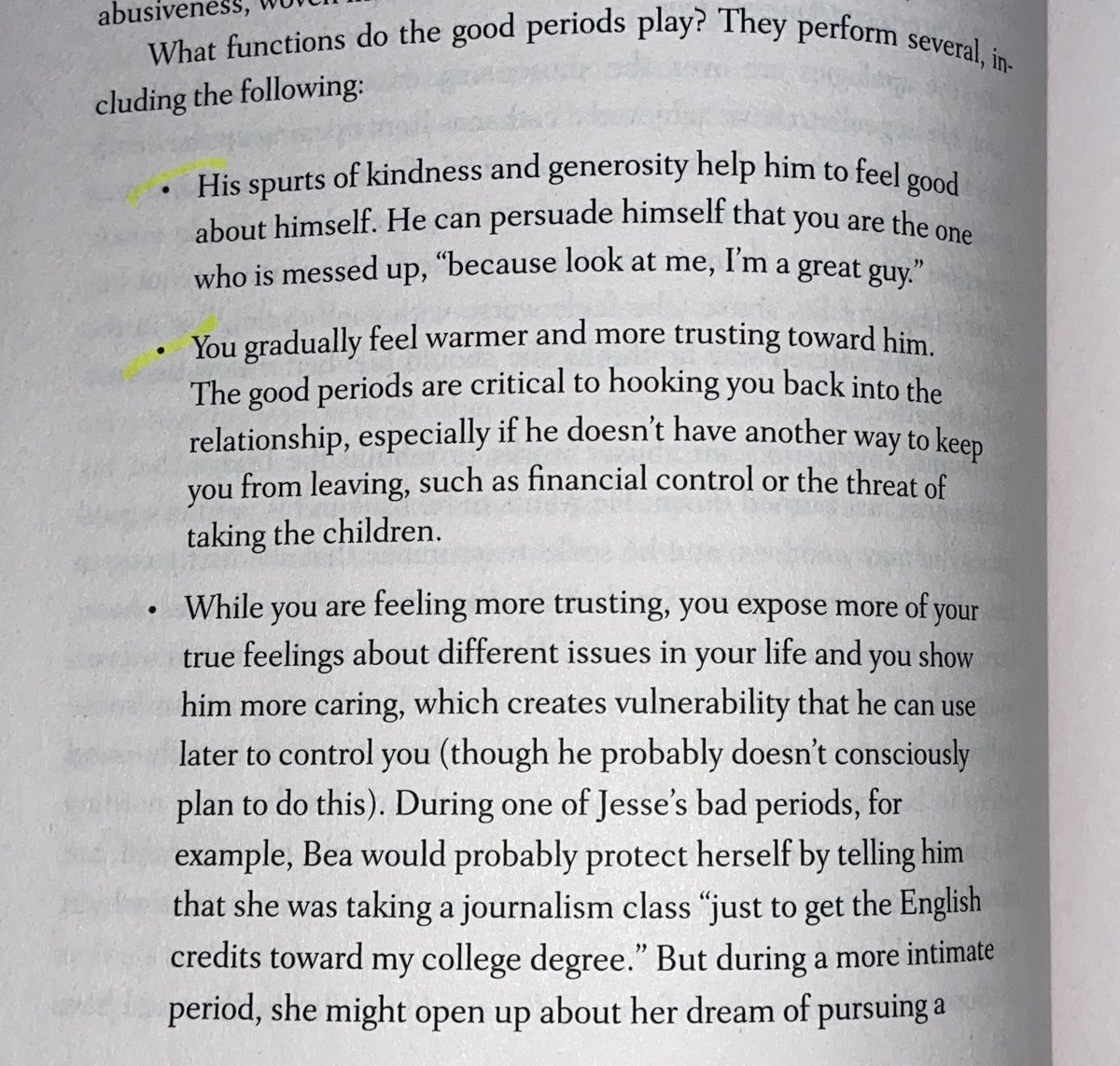 “The Abusers’ Cycles”- The tension-building phase- The eruption- The “hearts & flowers” stageAnd with a closer look at the good periods... “HE USES THE GOOD PERIODS TO SHAPE HIS PUBLIC IMAGE. MAKING IT HARDER FOR YOU TO GET PEOPLE TO BELIEVE HE’S ABUSIVE.”