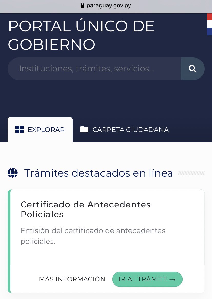 jazmingustale's tweet image. Desde hoy los paraguayos podemos tramitar nuestro Certificado de Antecedentes Policiales en línea desde: paraguay.gov.py 

¡Gran avance en gobierno electronico! 🇵🇾💪🏻