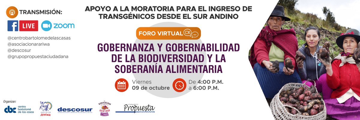 🔴Mañana a las 4:00 pm tendremos un nuevo Foro Virtual sobre gobernanza y gobernabilidad de la biodiversidad y la soberanía alimentaria. 
▶️bit.ly/33zmnEA
<a href="/Bartolome_CBC/">Centro Bartolomé de Las Casas</a> <a href="/prop_ciudadana/">Grupo Propuesta Ciudadana</a> <a href="/MinamPeru/">Ministerio del Ambiente 🇵🇪♻️</a>
<a href="/CONVEAGROPERU/">Conveagro - Convención Nacional del Agro Peruano</a> <a href="/AsociacionANDES/">Asociación ANDES</a>
<a href="/PeruLibreDeOGM/">Perú NO transgénicos</a>