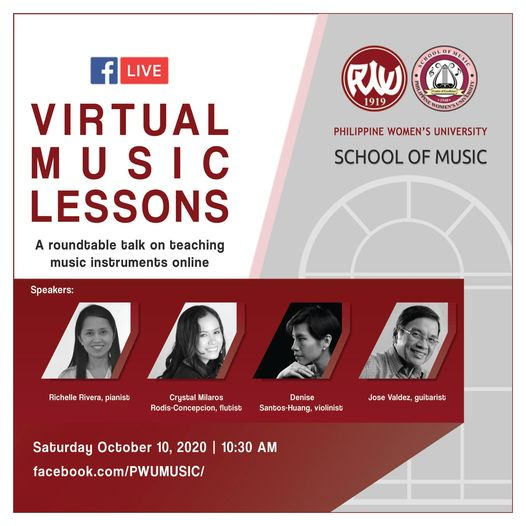 PWU_Manila's tweet photo. Watch on FB Live: Virtual Music Lessons
A Roundtable Talk on Teaching Music Instruments Online presented by the School of Music on October 10, Saturday at 10:30 AM on PWU.OfficialFanPage
#PWU100
#PWUSchoolofMusic
#chedcenterofexcellencepwu
#virtualmusiclessons https://t.co/s6ccK0p8aV