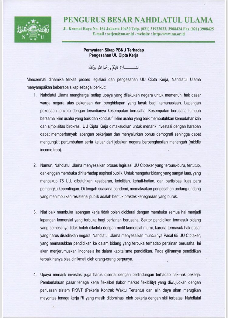 nahdlatululama's tweet image. Sikap Resmi Pengurus Besar Nahdlatul Ulama Terkait Pegesahan UU Cipta Kerja