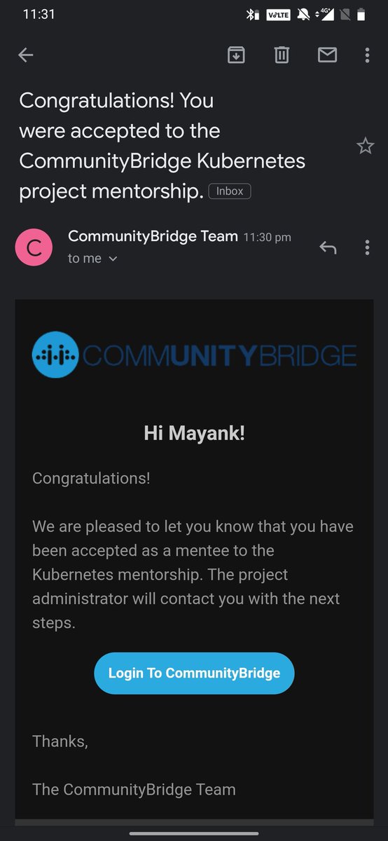 Pleased to share that I've been accepted into the @CloudNativeFdn #CommunityBridge program! I'm going to be contributing to @kubernetesio as a part of this internship. Super excited to be a part of such a great community ❤️