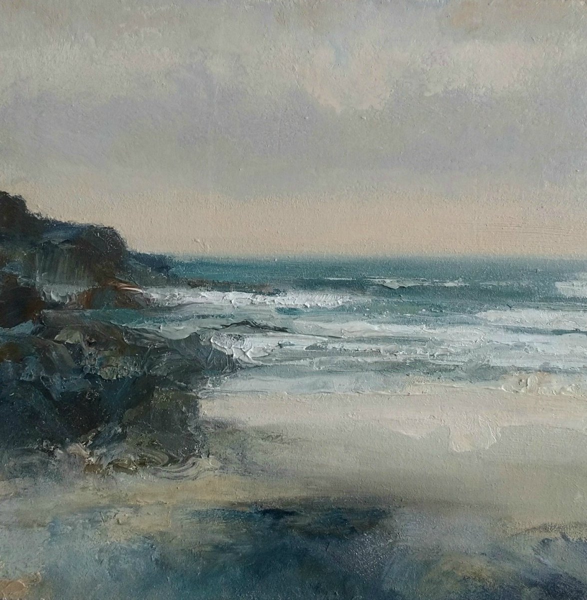 Currently at the framer's, so there's time to think of a title!! Oil on primed plywood, approx 25 x 25 cm.

#originalart #StIves #Seascape #oilpainting #PorthmeorBeach #Cornishartist #weather #autumn