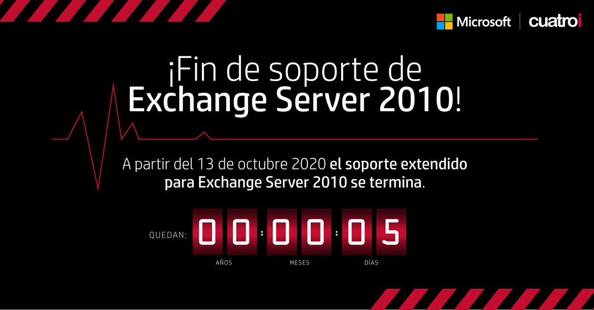 cuatroi_latam's tweet image. El 13 de octubre finaliza el soporte de #ExchangeServer2010, ya no habrá:
- Soporte técnico
- Solución de #bugs 
- Soluciones de seguridad para vulnerabilidades
- Actualizaciones de zona horaria
¡Muévete a la #nube y aprovecha los beneficios de #Office365!
 #Microsoft