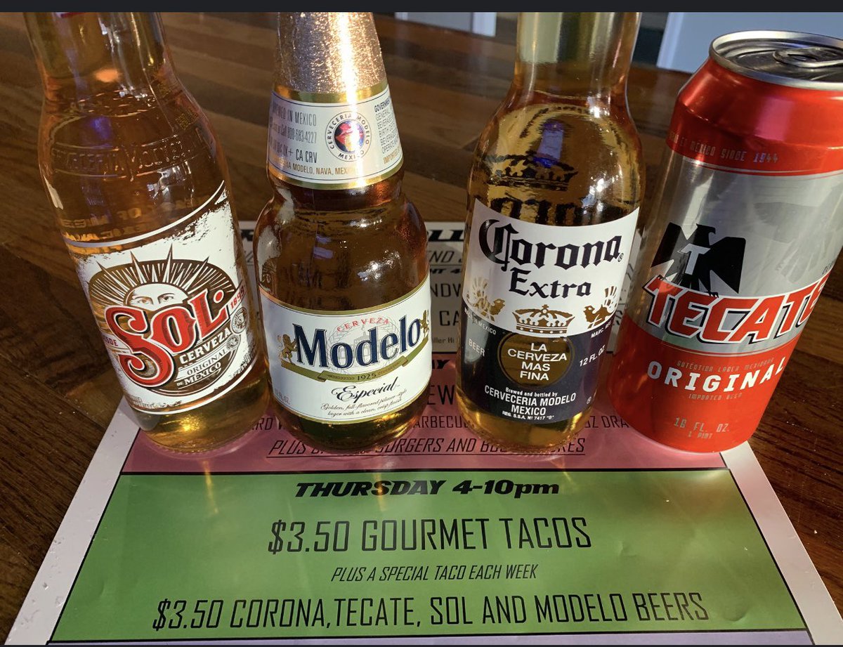 It’s Thuuuuurrrsssday !!!! TACO NIGHT !! $3.50 gourmet tacos and Cervezas. $4.00 margaritas. Dine in. Come on down!!!