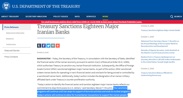  #BREAKINGTHREAD1)U.S. imposes new crippling sanctions on  #Iran’s financial sector, targeting the regime’s support of terrorism & other malign activities.Note: humanitarian transactions will continue.  https://twitter.com/USTreasury/status/1314259601651462144