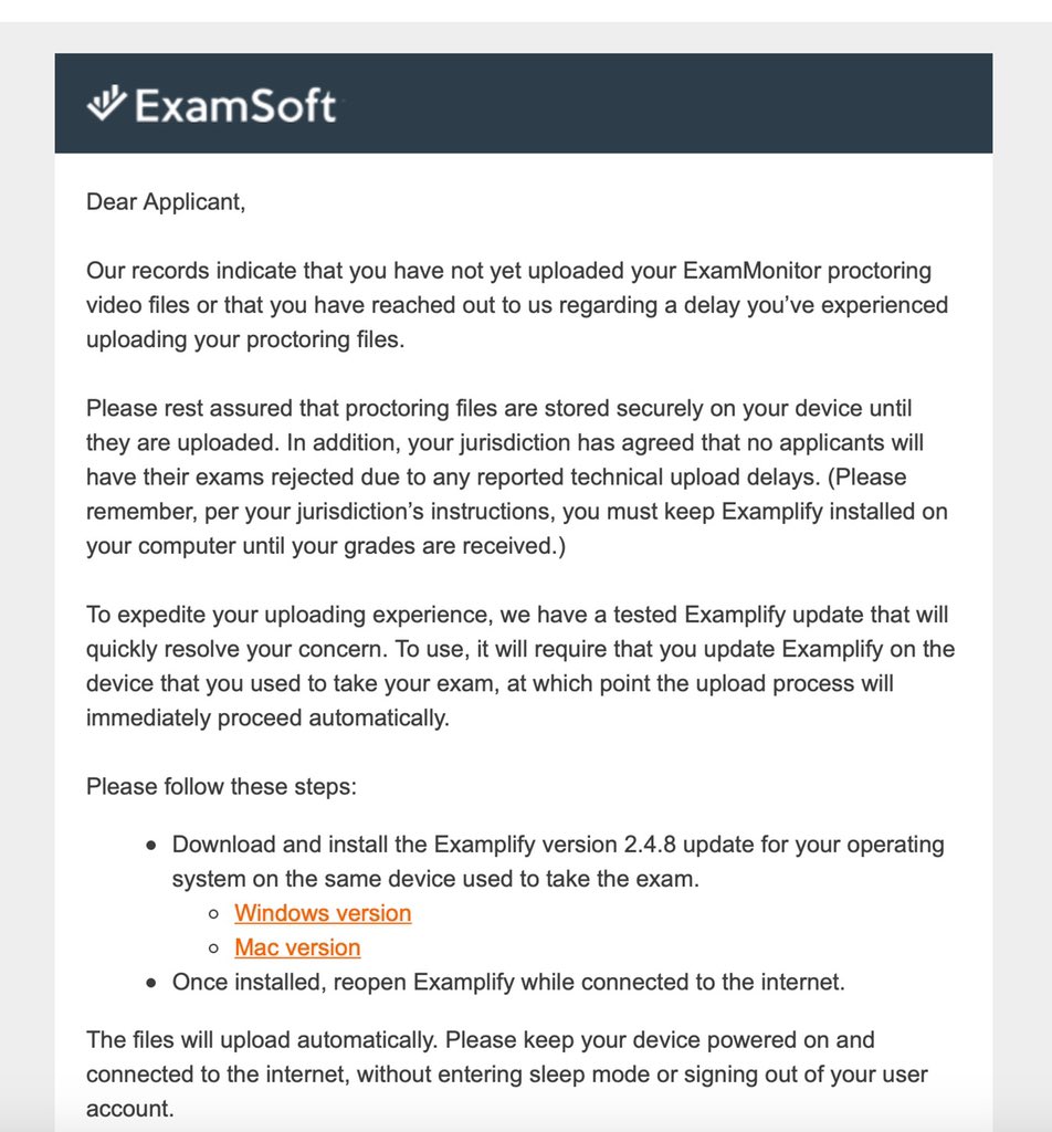 NA4ELP's tweet image. We are hearing reports that examiners from numerous jurisdictions got the following email from @ExamSoft today, stating that their video proctoring files failed to upload. Reply to this if you got this email.