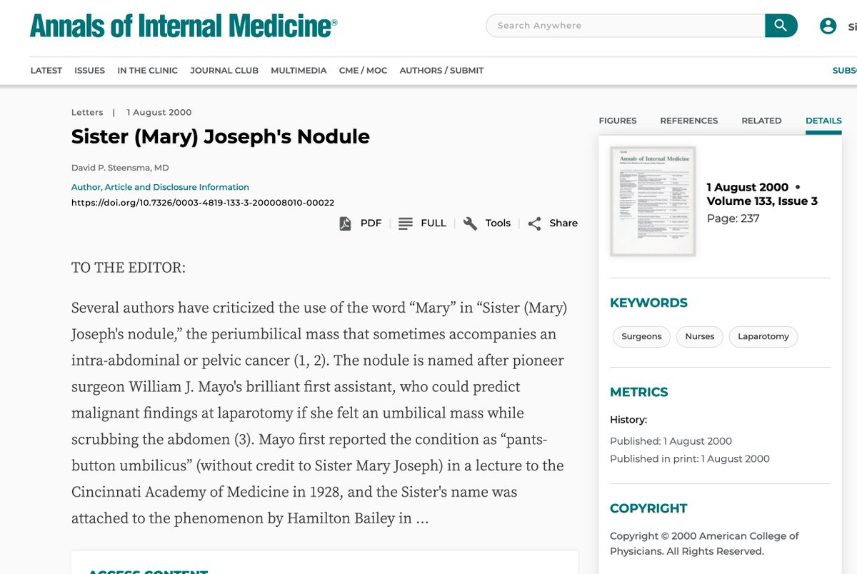 I published an article in 2000 in  @AnnalsofIM about whether it should be Sister Joseph or Sister *Mary* Joseph. (Either is OK.) That same year, with Tom Habermann  @MayoClinic I published a review of lymphadenopathy; we found a cause of adenopathy beginning with every letter./9