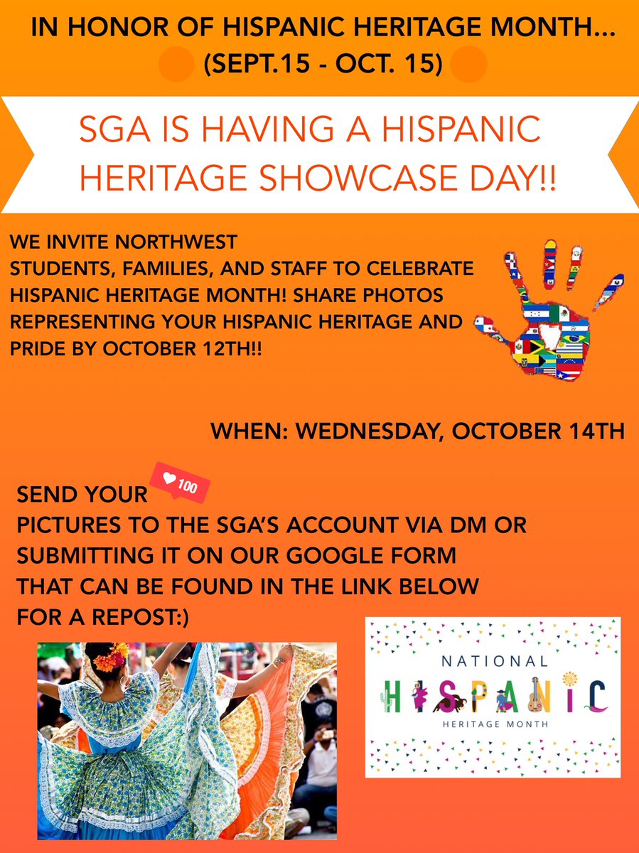Send us pictures of you representing your Hispanic Heritage and Pride by October 12th either via DM or the google form linked below. On October 14th SGA will hold a online Hispanic Heritage Showcase to celebrate Hispanic Heritage Month!
forms.gle/cmgoTVDzV1baiu…