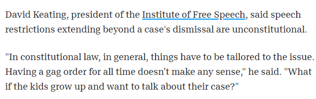 So I reported on the court warning parents not to speak about their case even after it closed. First Amendment scholars said the actions were unconstitutional & wouldn't hold up in court, but it served the government to scare & silence parents, forever: https://www.azcentral.com/story/news/local/arizona-child-welfare/2019/08/29/department-child-safety-maricopa-county-juvenile-court-cases-gag-orders/1895753001/