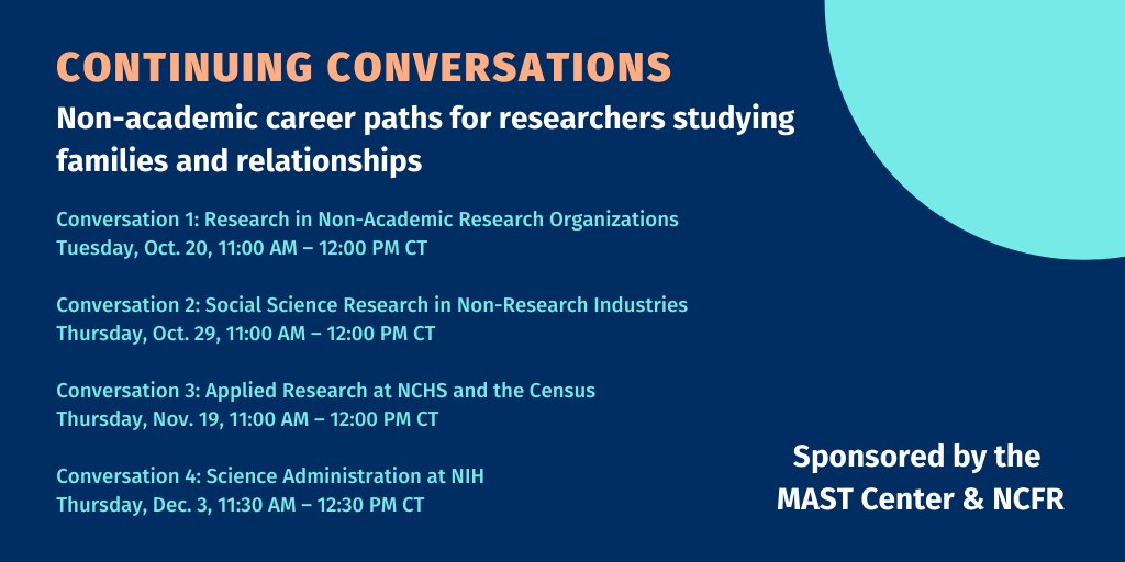 There's a lot of uncertainty in the research job market with #COVID19, but there are lots of reasons to consider non-academic career paths! We've partnered with <a href="/ncfr/">NCFR</a> to host a series on these paths to talk with people in different #altac sectors. Join us! mastresearchcenter.org/continuing-con…