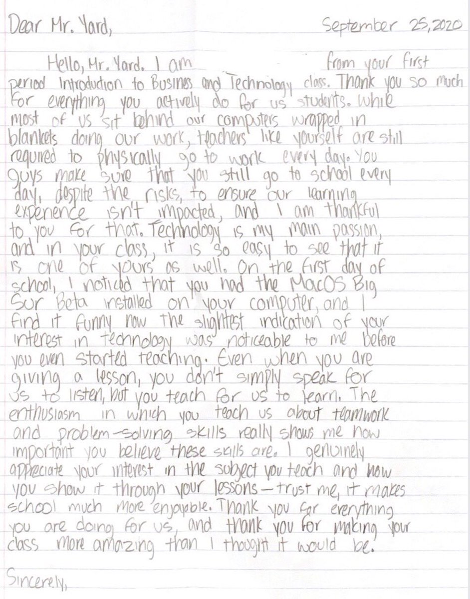 FultonZone6's tweet photo. Mr. Yard shared a letter he received from a student on a Friday after a hard week (aren’t they all hard now) “I needed that...it really lifted me up!” #whywedowhatwedo #notforthemoney https://t.co/7naqQ4vTsN