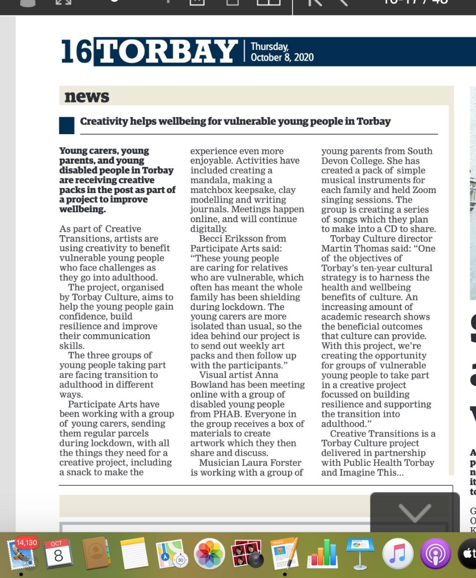 TorbayCulture's tweet image. Thanks @TheTorbayWeekly for covering #TorbayCulture&apos;s #CreativeTransitions supporting young carers and young disabled people. Delivered in partnership with @TorbayCouncil #PublicHealth @ThisTorbay 
Part of #GreatPlaceScheme supported by @ace_southwest @HeritageFundL_S @TorbayTDA