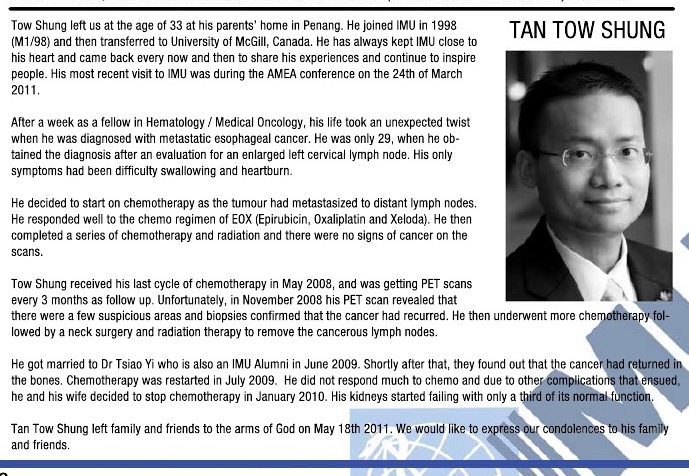 We hoped maybe it was treatable lymphoma, but instead Tow had esophageal cancer, which took his life 4 years later. He was an incredibly compassionate young man; “Tow Shung Tan Humanism in Medicine Award” is now awarded annually  @MayoHemeOnc to deserving fellows in his memory./14