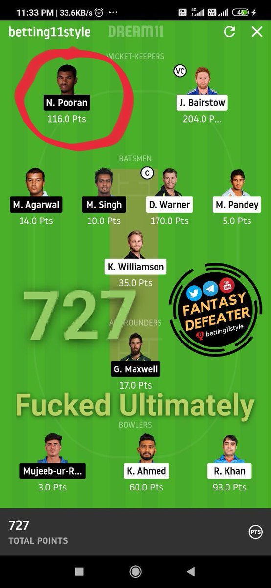 FantasyDefeater's tweet photo. ✳️When We come it fucked upto MINI GLs. As our records 😎😎

💥Point : 727 💥
N Pooran 😂😂💥💥🔥

💥11 M fucked easily with a big difference 🔥

💥This is Power of FANTASY DEFEATER.

JOIN : https://t.co/Y0wEAzyvPP ✔️

#IPL2020 #Dream11IPL #SRHvKXIP #SRH #KXIP https://t.co/pWYebWarLy