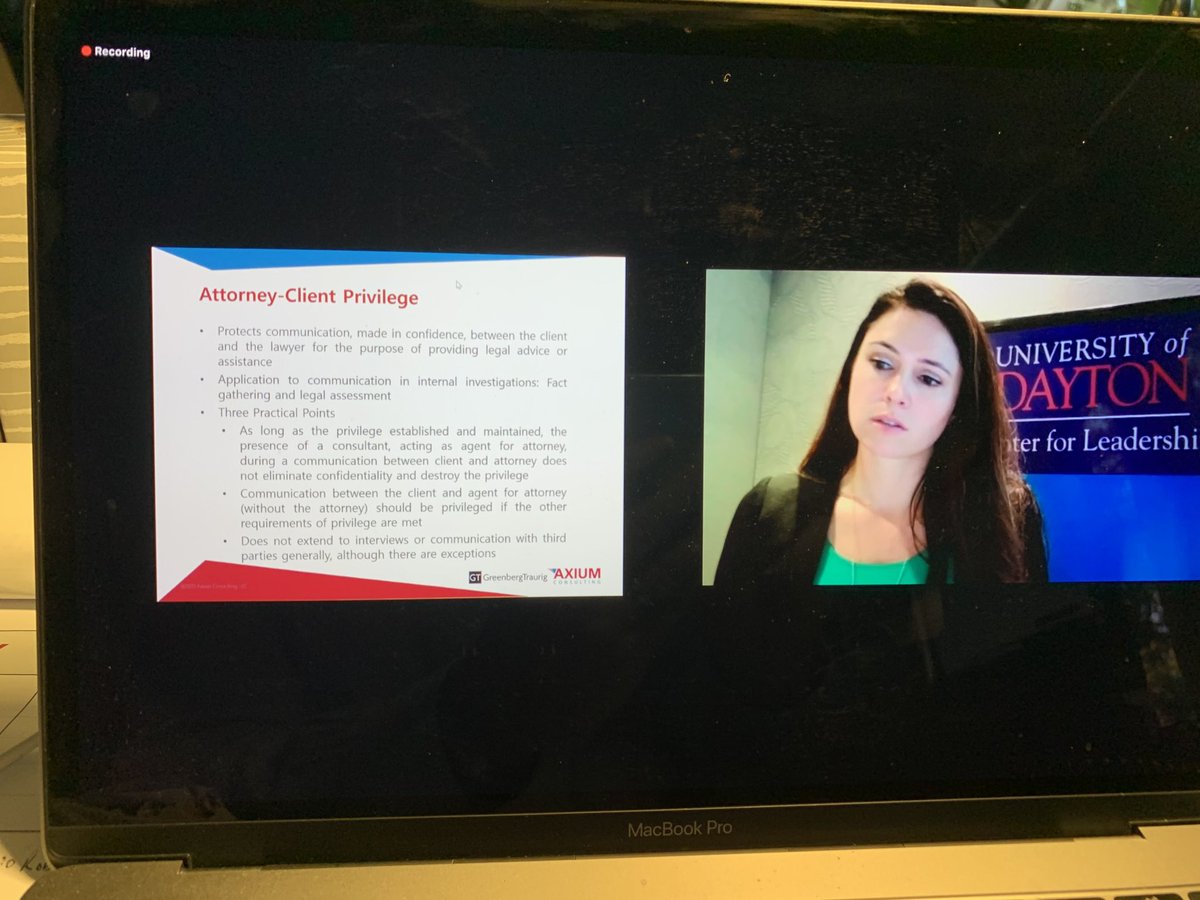 daven_md's tweet photo. Bennett Kaplan and Amanda Malusky Krauss of ⁦@AxiumConsulting⁩ explore the challenges of client privilege and more in fraud and risk investigations with Scott Mendeloff at the University of Dayton Fraud, Ethics and CyberRisk Conferences’s 2020. https://t.co/QrDRJUt92v