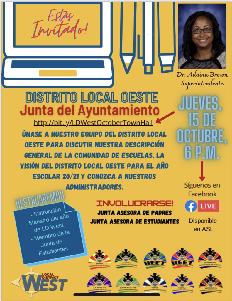 Join us for our next virtual Town Hall Meeting on Thursday, October 15 at 6 p.m. on Facebook live or bit.ly/LDWestOctoberT….